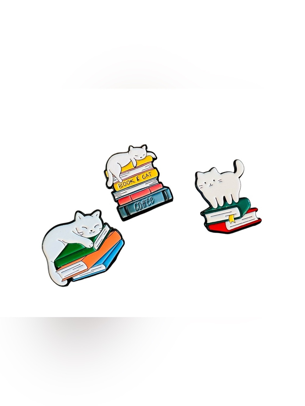 White Cats on Books Enamel Pin Set